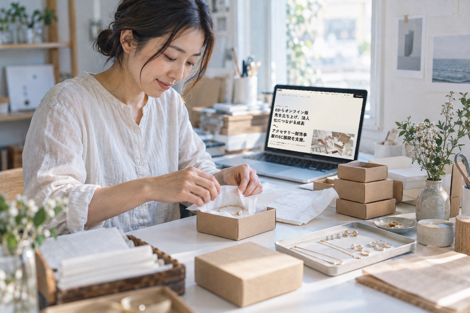 アクセサリーの注文を梱包する店主。奥のノートPCにはEC販売立ち上げ支援の事例ページが表示されている