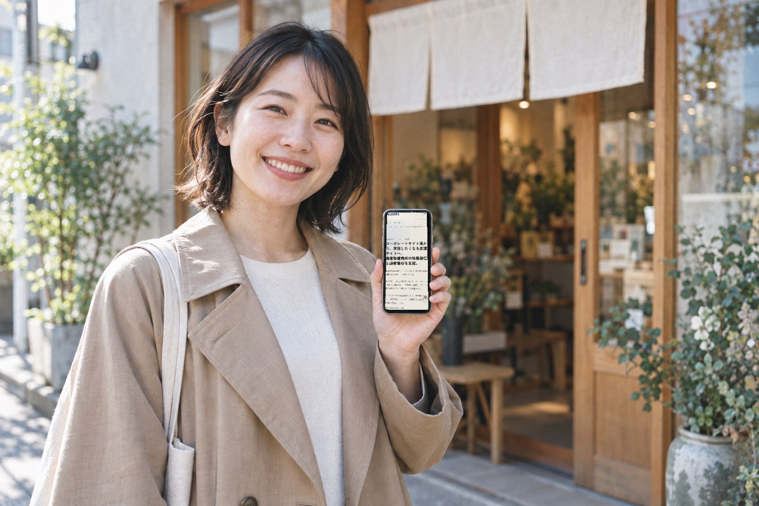 小さなお店の前で、店舗サイトの事例ページを表示したスマートフォンを持つお客様