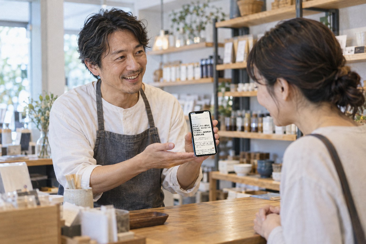 店頭で、スタッフがお客様にスマートフォンの画面を見せている様子