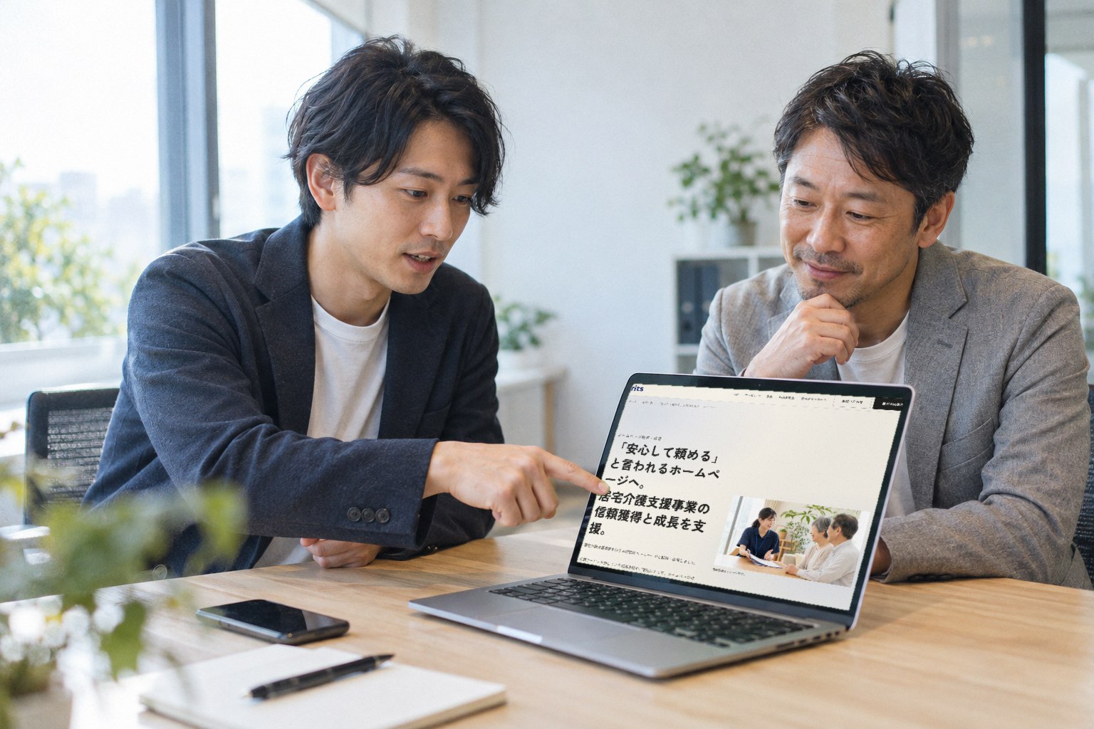 ノートPCに映した事例ページを指さしながら、ホームページについて相談する2人