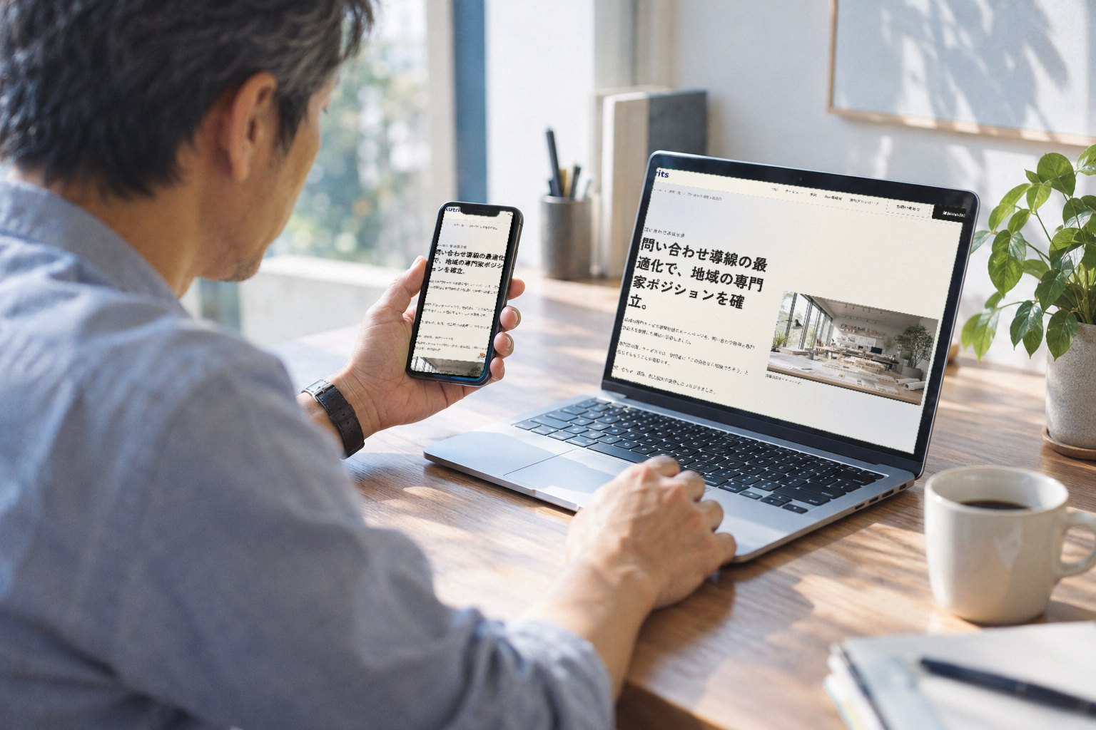 スマートフォンとノートパソコンで、自社サイトの表示を確かめている様子