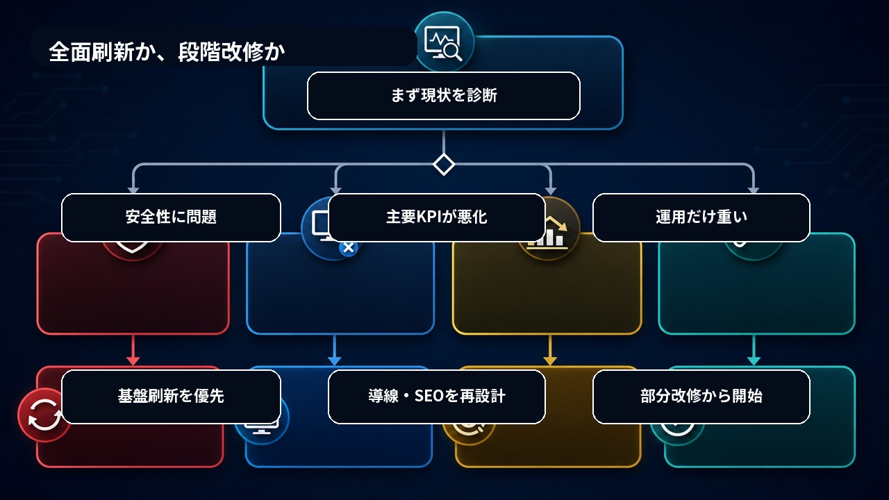 古いホームページを全面刷新するか段階改修するかの判断フロー