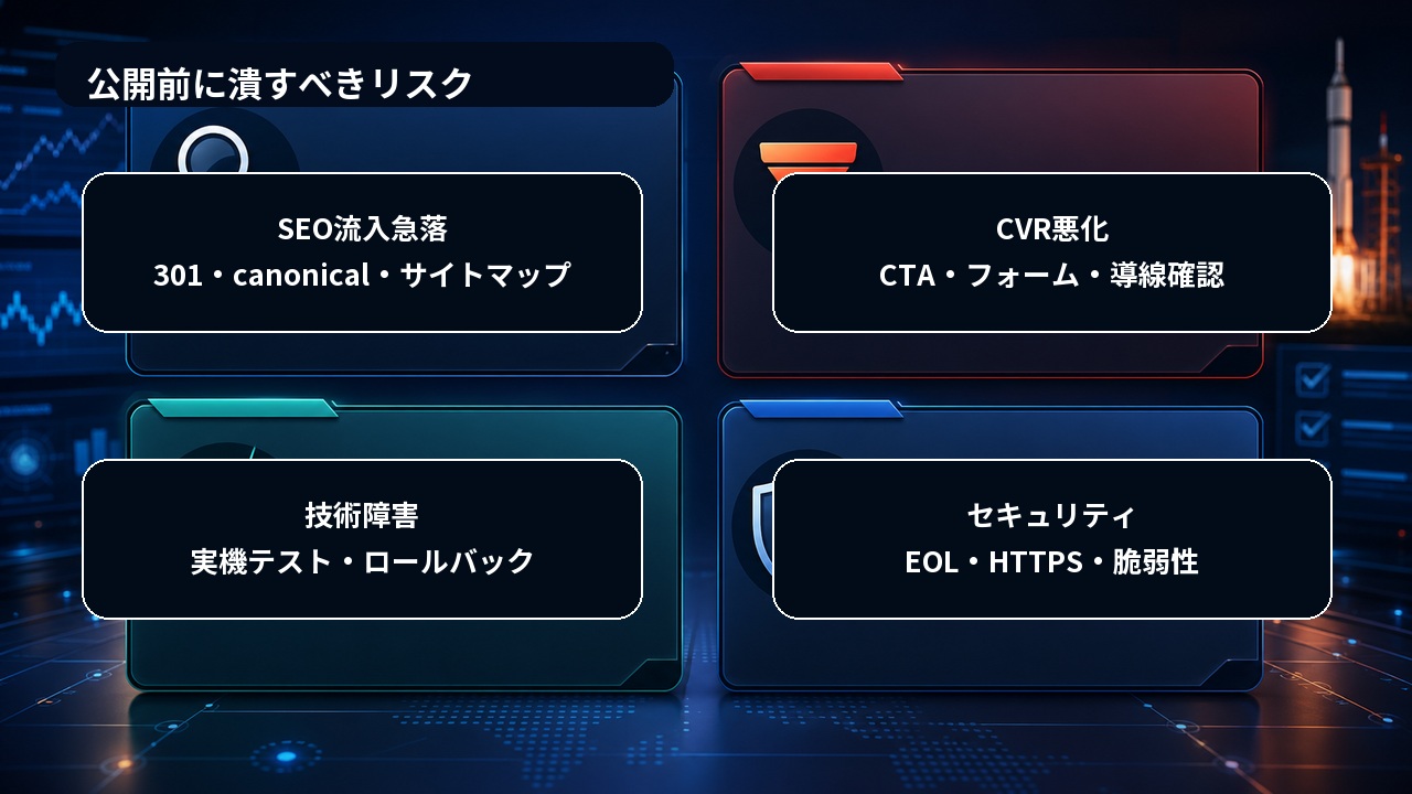 ホームページリニューアル公開前に確認すべきSEO流入急落、CVR悪化、技術障害、セキュリティリスクの図