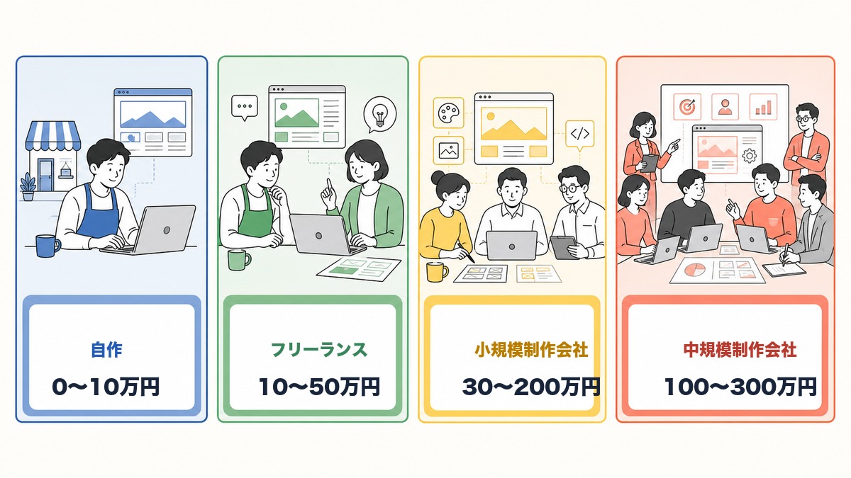 ホームページ制作費用を自作・フリーランス・制作会社の4段階で示す料金早見図