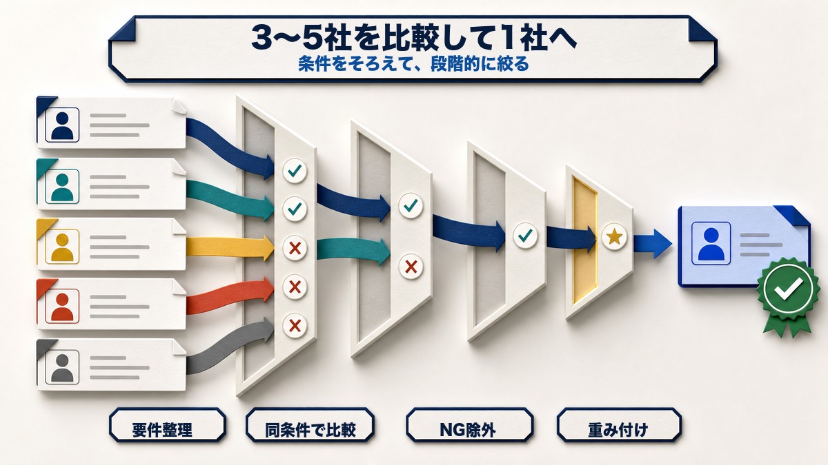 3〜5社のホームページ制作会社を同条件で比較し1社へ絞る流れ