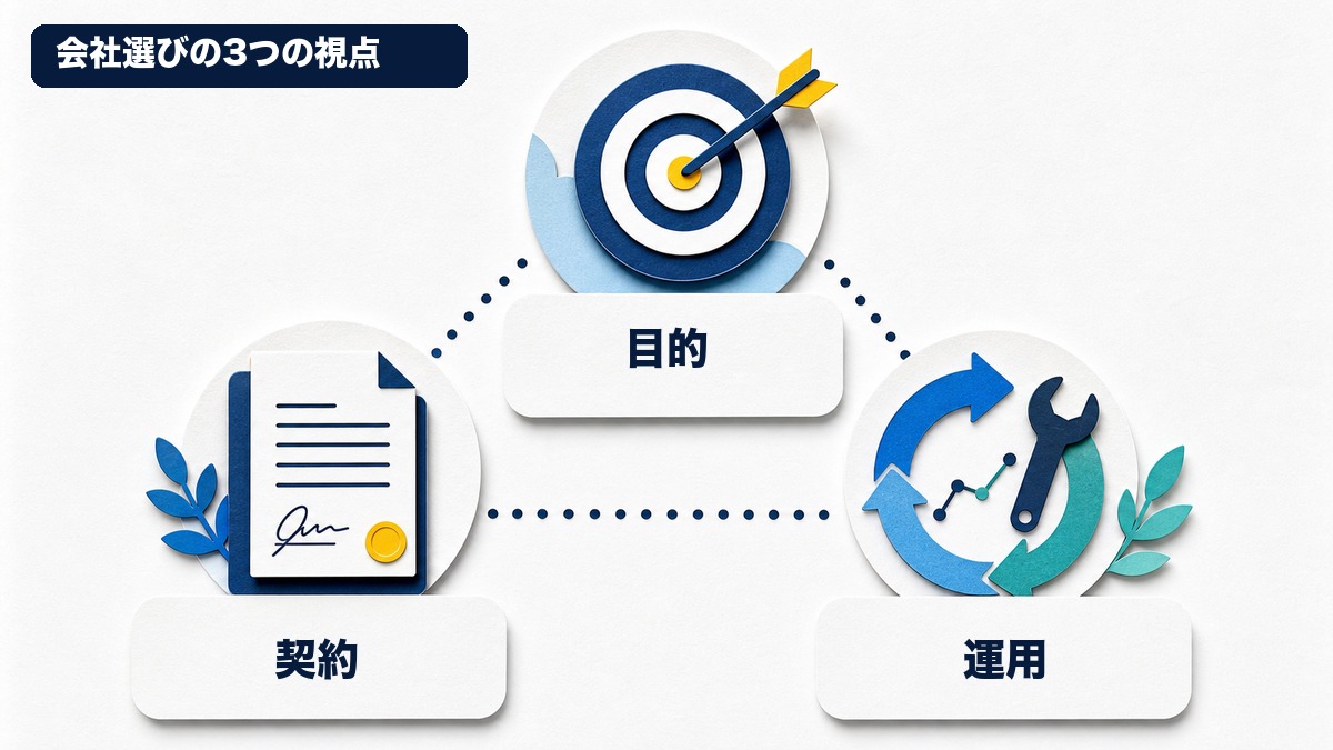 ホームページ制作会社を選ぶときに目的・契約・運用の3つを確認する図