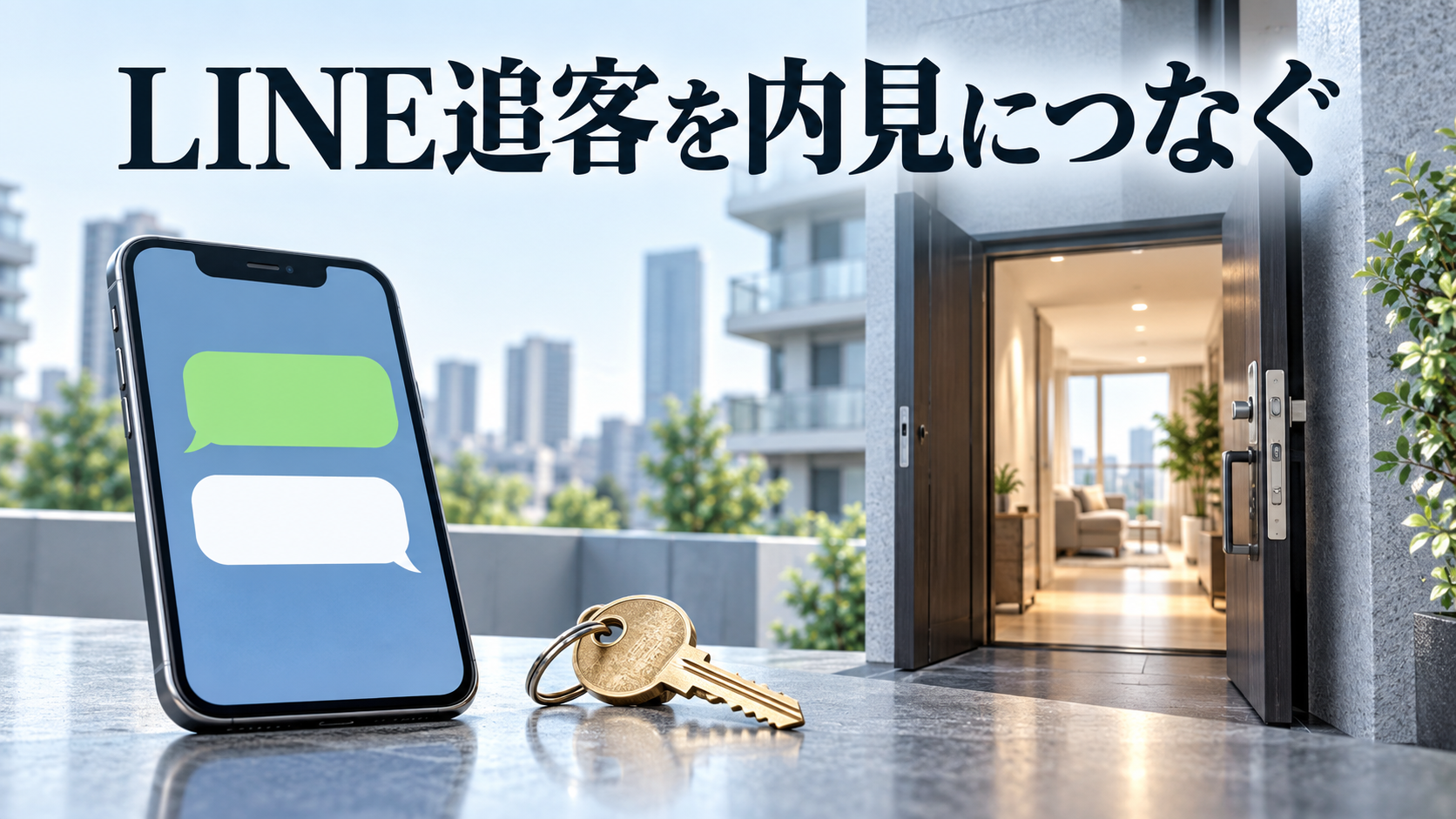 LINEでの会話から住宅の内見へつなぐ、スマートフォンと開いた玄関のイメージ。