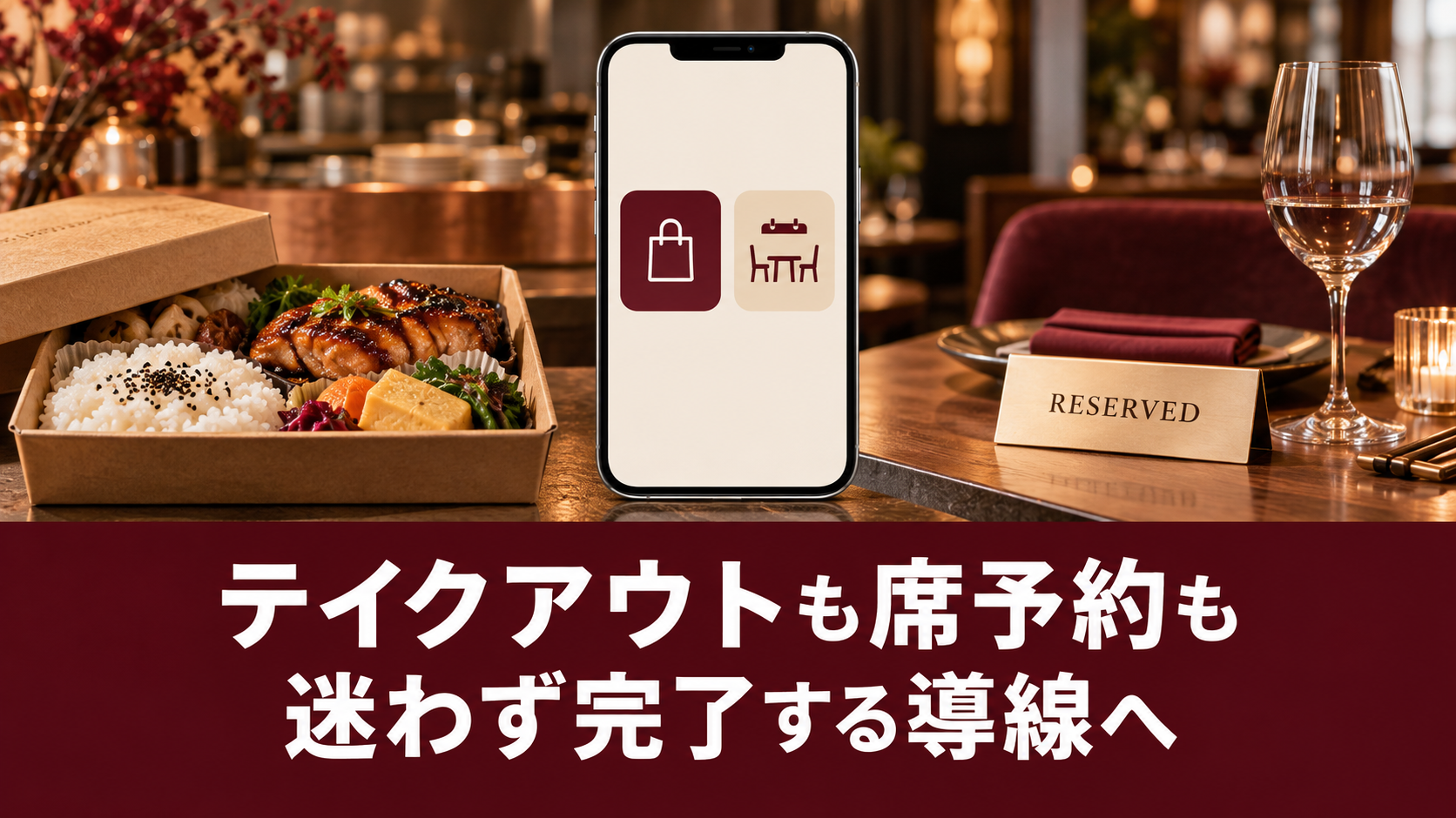 テイクアウト料理と予約席を、スマートフォンの二つの入口で案内する飲食店の予約・注文導線
