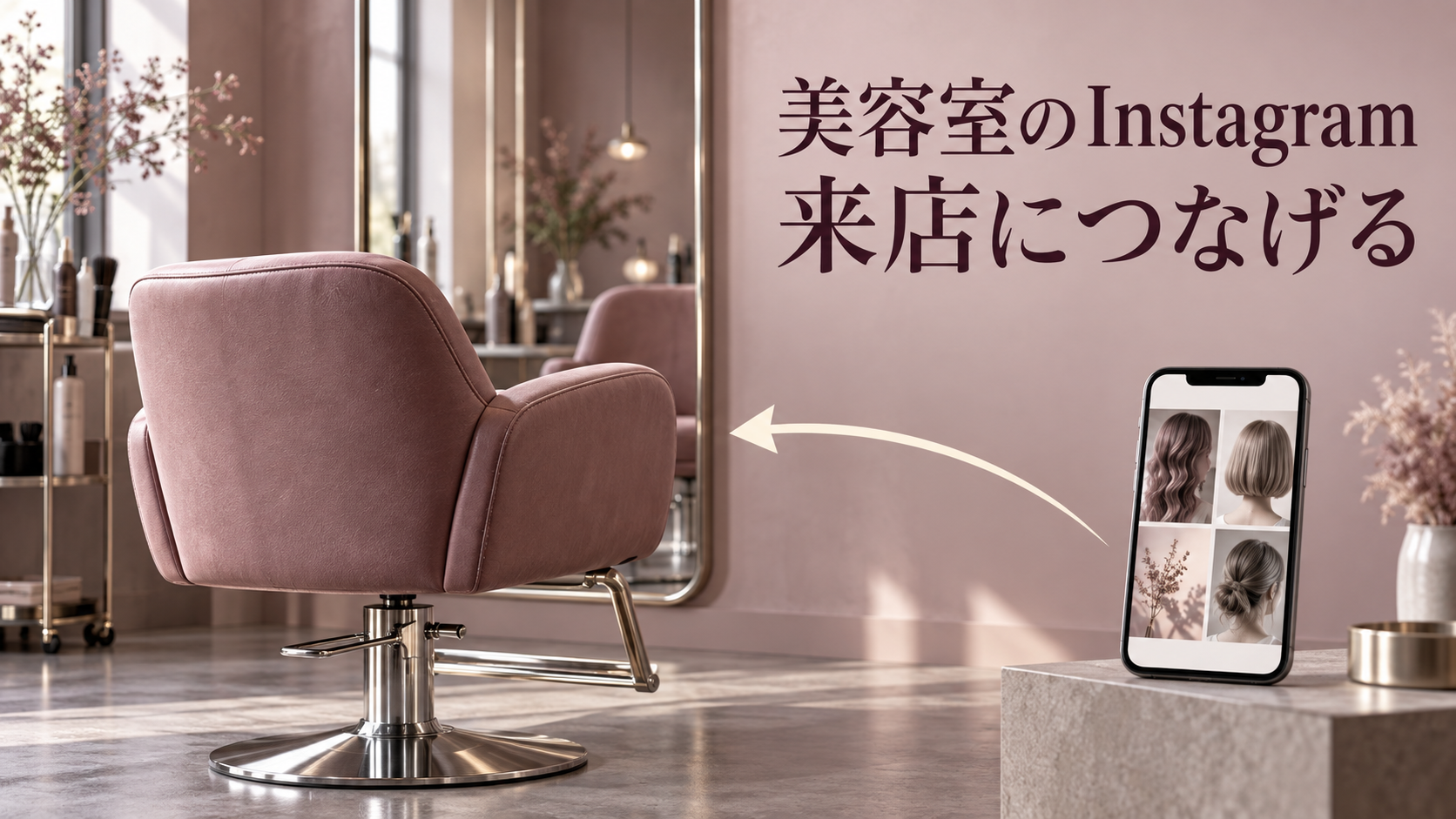 ヘアスタイルを見たスマートフォンから美容室の椅子へ向かう矢印で、閲覧から来店への流れを表現