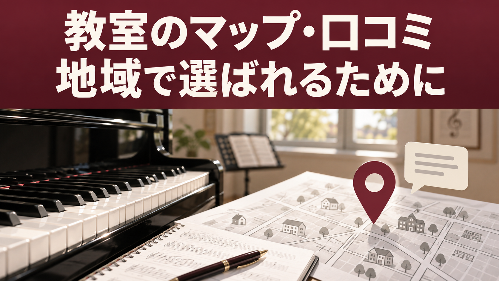 ピアノ教室の楽器と地域の地図、口コミを表す吹き出しで、地域の人が教室を選ぶ入口を示した図